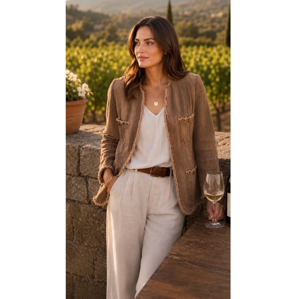 Anthropologie Isabella Bird Raw Edge Textured Jacket Tan Taupe Boho Blazer Sz 6